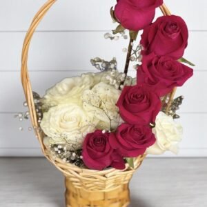 Cesta de Rosas Rojas y Blancas con Paniculata